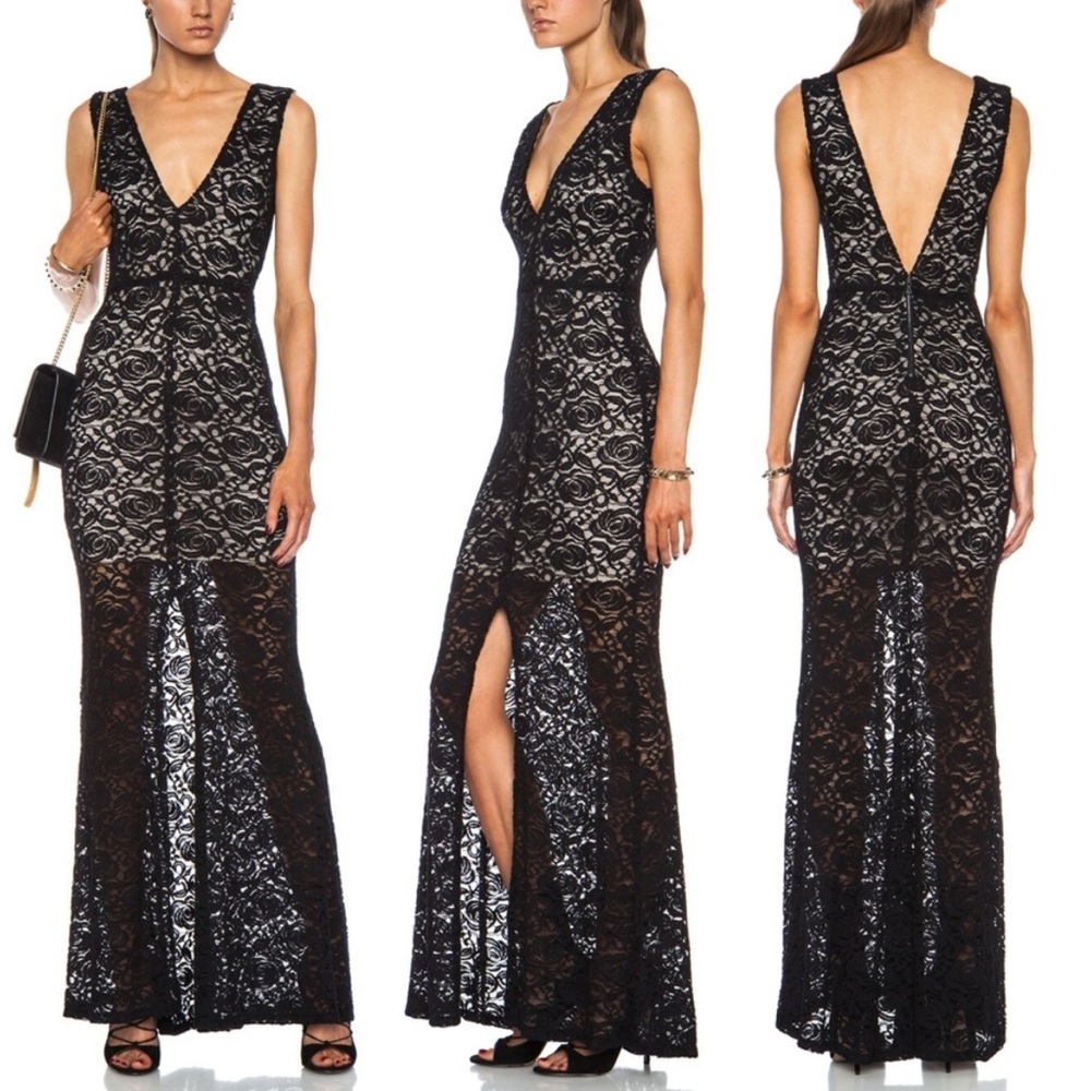 Alice + Olivia Mia Lace Plunge Backless Mermaid Gown in Black Size 6‎